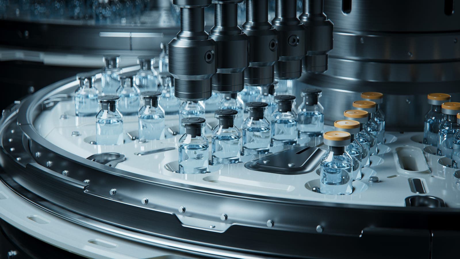 Pharmaceutical production line with vials being filled by precision equipment, representing controlled recombinant enzyme manufacturing