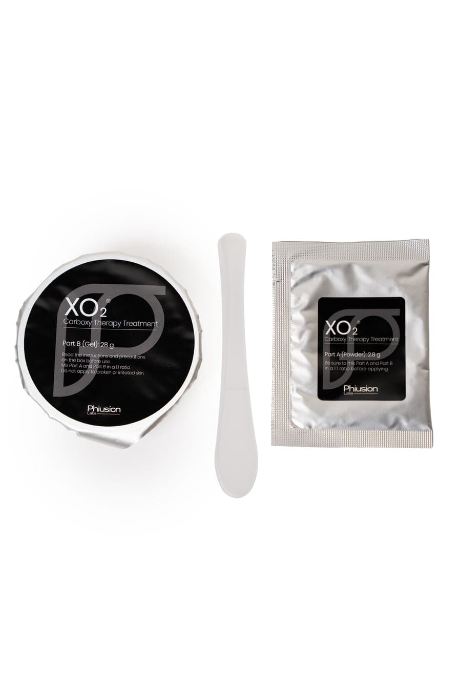 XO2 gel cup, spatula and powder sachet